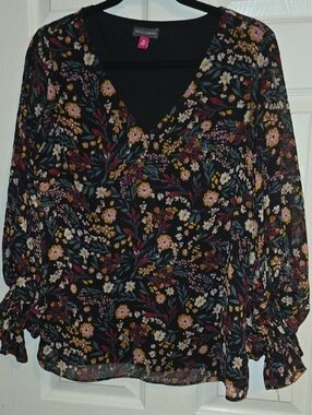 Vince Camuto Black Floral V-Neck Blouse With Sheer Sleeve Pink and Yellow Blooms